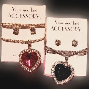 NWT XL FAUX ONYX/SAPPHIRE BLINGED HEART NECKLACE SET/EARRINGS!